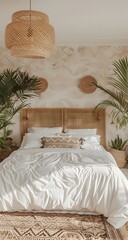 A large bed with white linen and two small plants in pots, two palm trees on the right side of the room