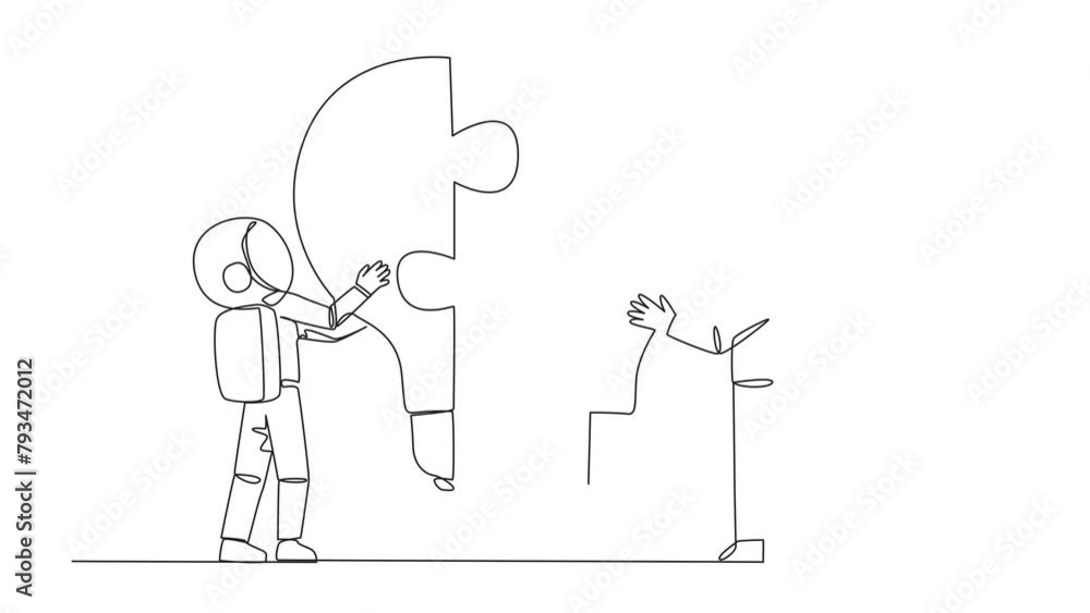 Poster animation of single continuous line drawing of two astronauts holding up two lightbulb-shaped puzzle