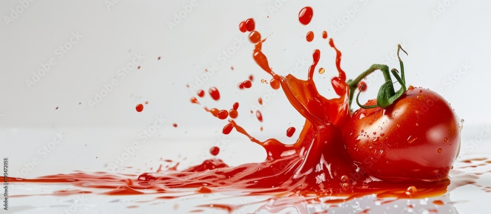 Poster a ripe tomato with a vibrant splash of red liquid on its surface, creating a visually striking image