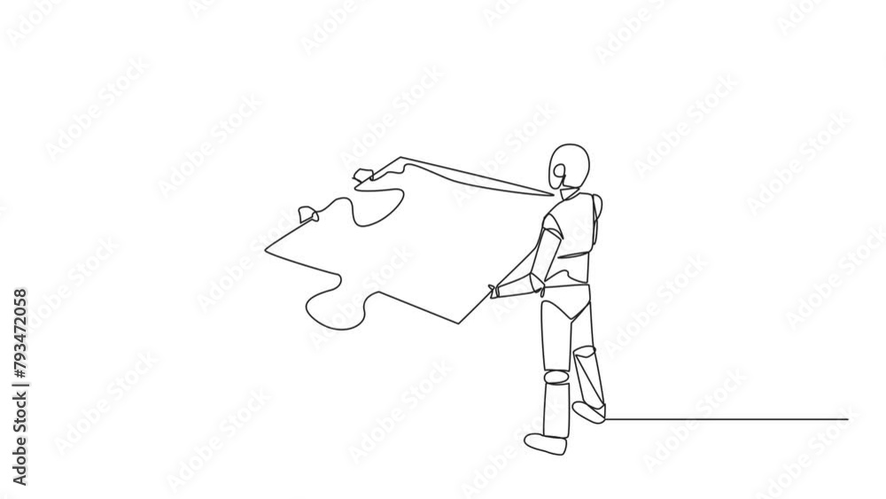 Poster animated self drawing of single continuous line drawing of two robots lift huge puzzle pieces togeth