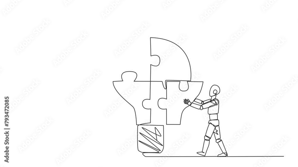 Poster animation of continuous one line drawing of two robots put together four lightbulb-shaped puzzle pie