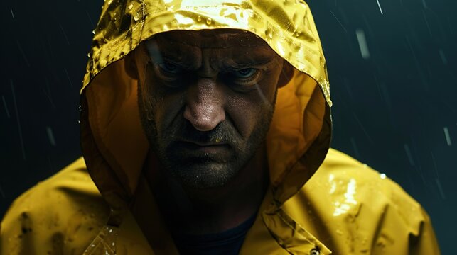 Intensity in Yellow Angry Man Wearing Raincoat