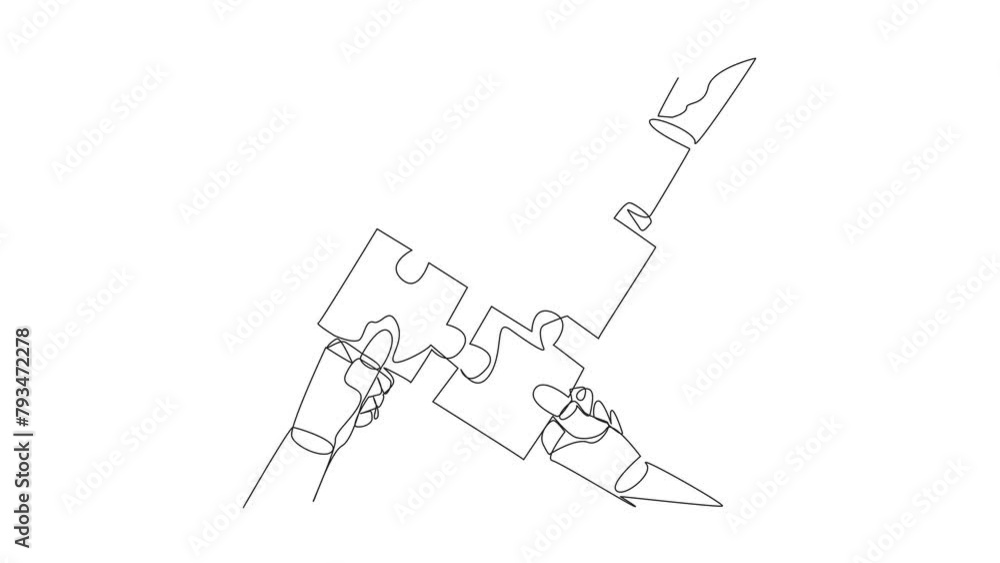 Poster animated self drawing of continuous one line drawing of four robot hands holding a puzzle piece each
