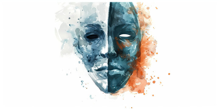 Cognitive Dissonance: The Two-Faced Mask and Conflicted Expression - Picture a two-faced mask with a conflicted expression, illustrating the cognitive dissonance experienced by cult members.