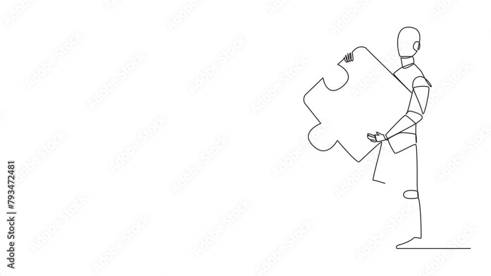 Poster self drawing animation of single one line drawing of walking robot carries puzzle pieces. strong tea