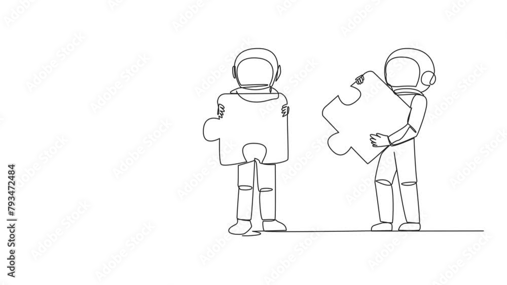 Poster animated self drawing of single one line drawing three astronauts each carrying three puzzle pieces.