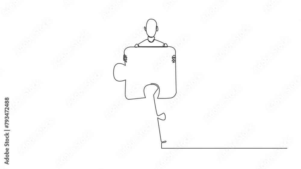 Poster animation of single continuous line drawing robotic artificial intelligence brought puzzle piece and