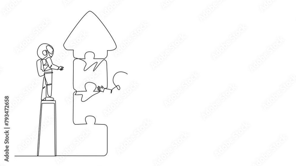 Poster animated self drawing of continuous one line drawing of two robots doing teamwork together. climbing