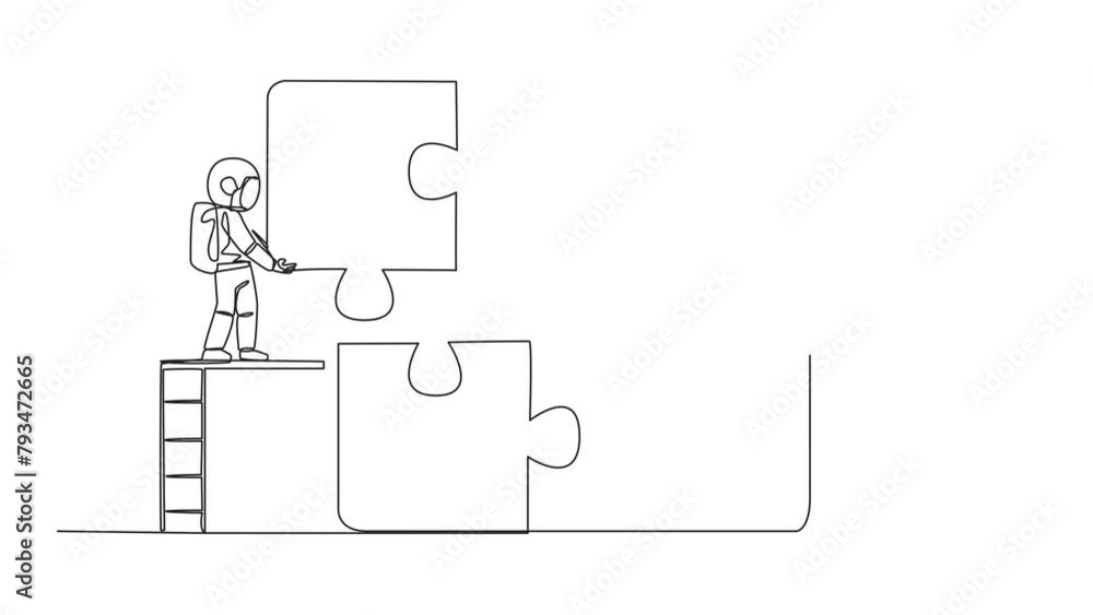 Poster animation of continuous one line drawing of two astronauts teamwork to put together a square puzzle,