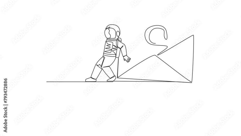 Poster animated self drawing of single one line drawing astronaut pushed giant email icon down with back fr