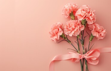 Beautiful carnation bouquet with pink ribbon on pastel coral background. Romantic Mother's Day theme with space for text or graphics