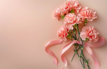 Beautiful carnation bouquet with pink ribbon on pastel coral background. Romantic Mother's Day theme with space for text or graphics