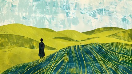 person on a green field painting abstract illustration poster background