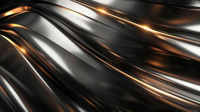 Abstract image of reflective undulating black surface with golden highlights