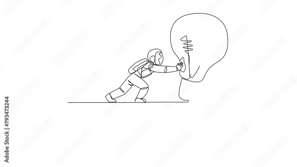 Poster animated self drawing of single continuous line drawing astronaut pushes a large lightbulb over the 