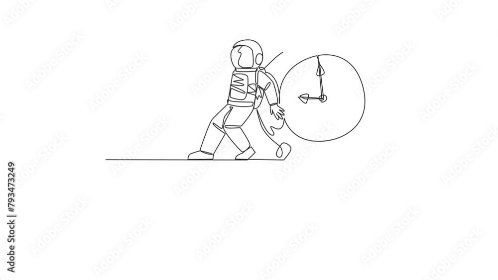 Poster animated self drawing of single continuous line drawing astronaut pushed a giant alarm clock down wi