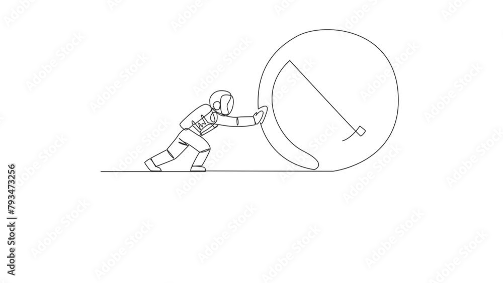 Aufkleber animation of a continuous one line drawing of astronaut pushes giant coin symbol dollar over the edg