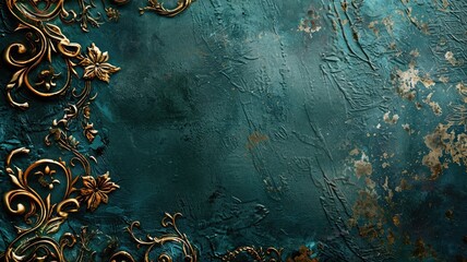 Luxurious teal textured background with golden ornate patterns