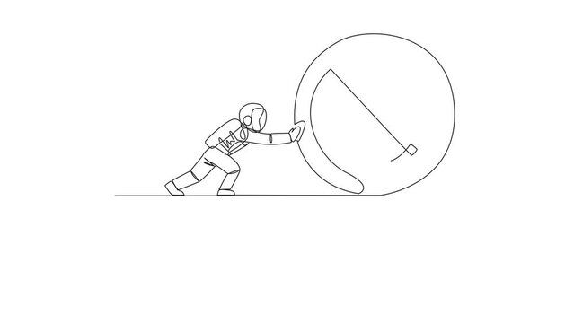Animation of a continuous one line drawing of astronaut pushes giant coin symbol dollar over the edge of the cliff. Spaceman cosmic galaxy concept. Cosmonaut outer space. Full length motion