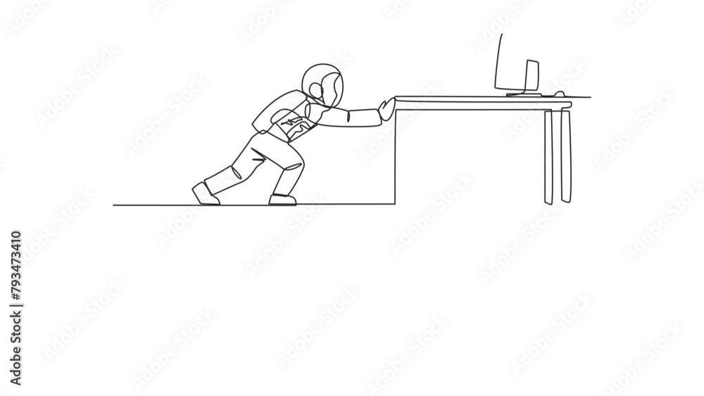Poster animation of a single one line drawing of an angry astronaut shoving a desk containing a laptop and 