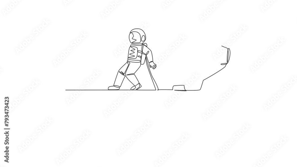 Poster animated self drawing of single continuous line drawing astronaut pushed giant piggy bank down with 