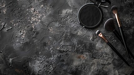 Makeup brushes and compact powder on textured black surface - obrazy, fototapety, plakaty