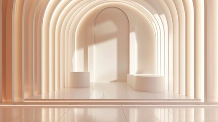 Minimalist modern interior design with arches and pedestals in soft lighting