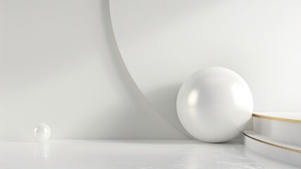 Fototapeta na wymiar Minimalist white interior with spheres and curved shapes