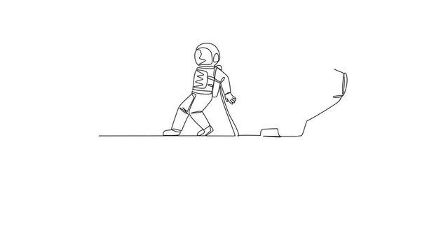 Animated self drawing of single continuous line drawing astronaut pushed giant piggy bank down with his back from the edge of the cliff. Piggy bank is always empty. Full length single line animation