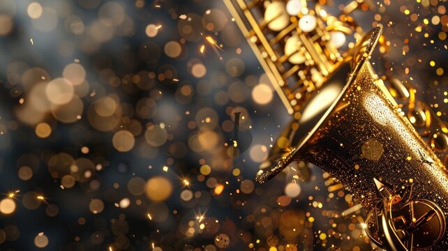 Close-up of sparkling brass saxophone with bokeh lights