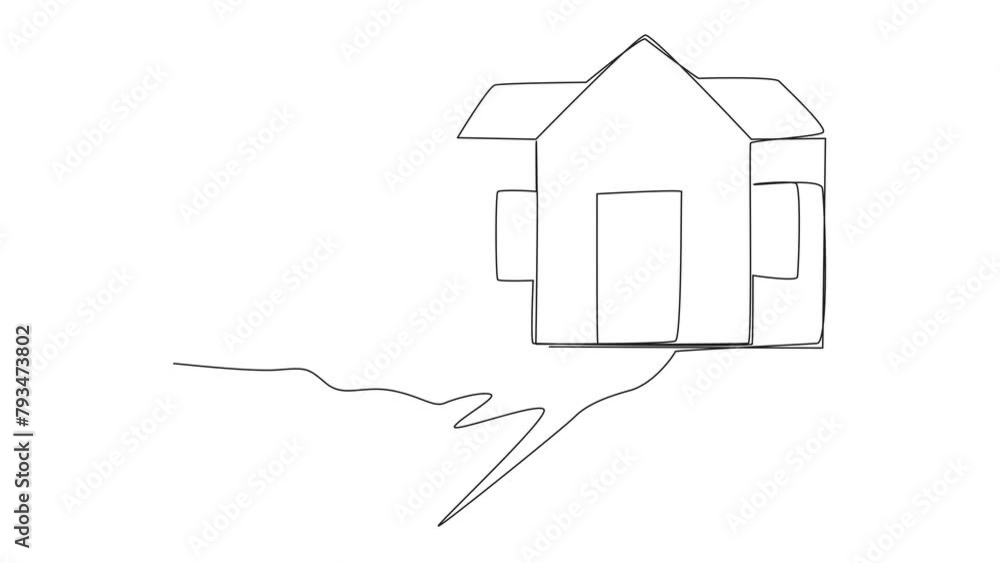 Poster animation of single one line drawing astronaut pushed a miniature house down with his back from the 