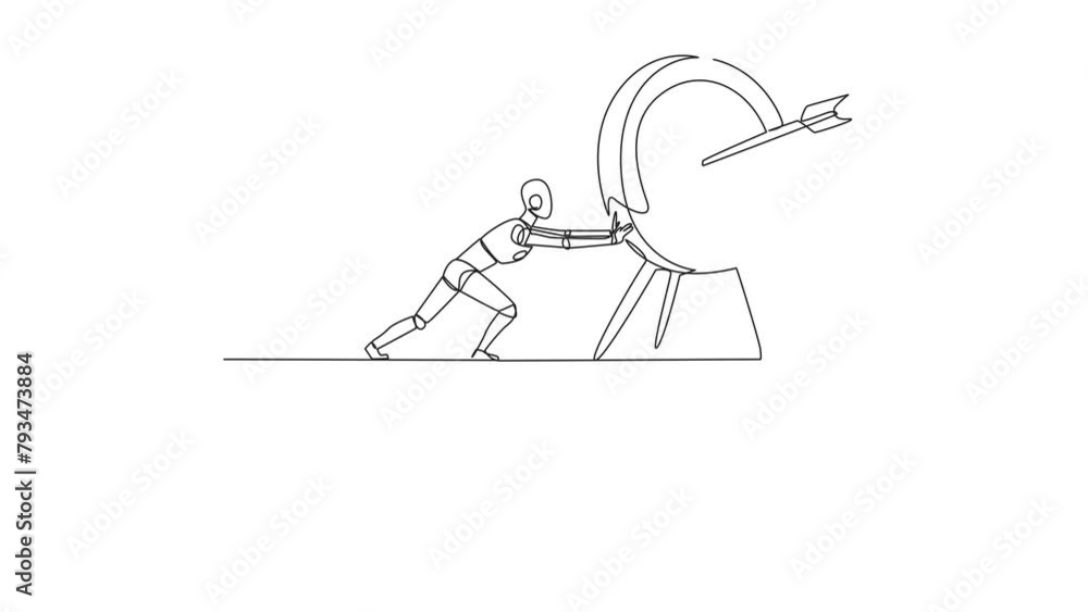 Poster animated self drawing of single one line drawing robot pushes the large arrow board target from the 