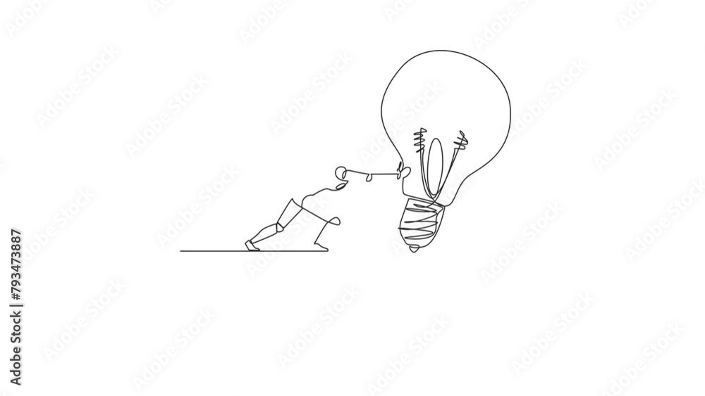 Poster self drawing animation of single one line drawing robot pushes down giant lightbulb from the edge of