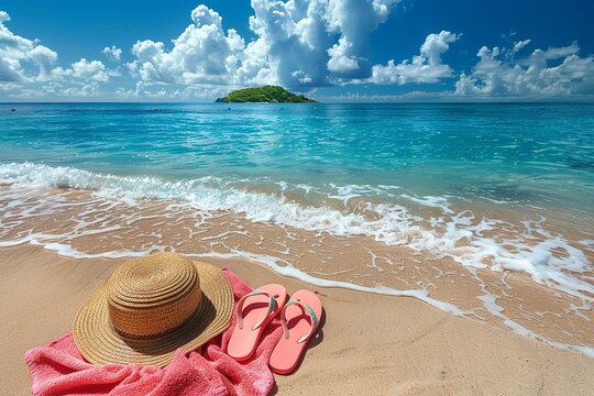 Vacation Clothing straw hat, flip-flops, and towel over an energetic tropical beach beige sand with a backdrop of teal sea and the sky and space, Generative AI.