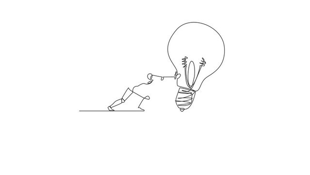 Self drawing animation of single one line drawing robot pushes down giant lightbulb from the edge of a cliff. Throw away brilliant ideas. Robotic artificial intelligence concept. Full length animated