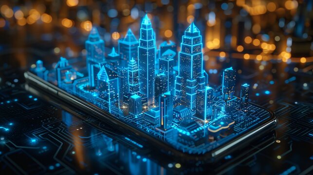 A circuit board with a 3D rendering of a city made of blue light on top of it.