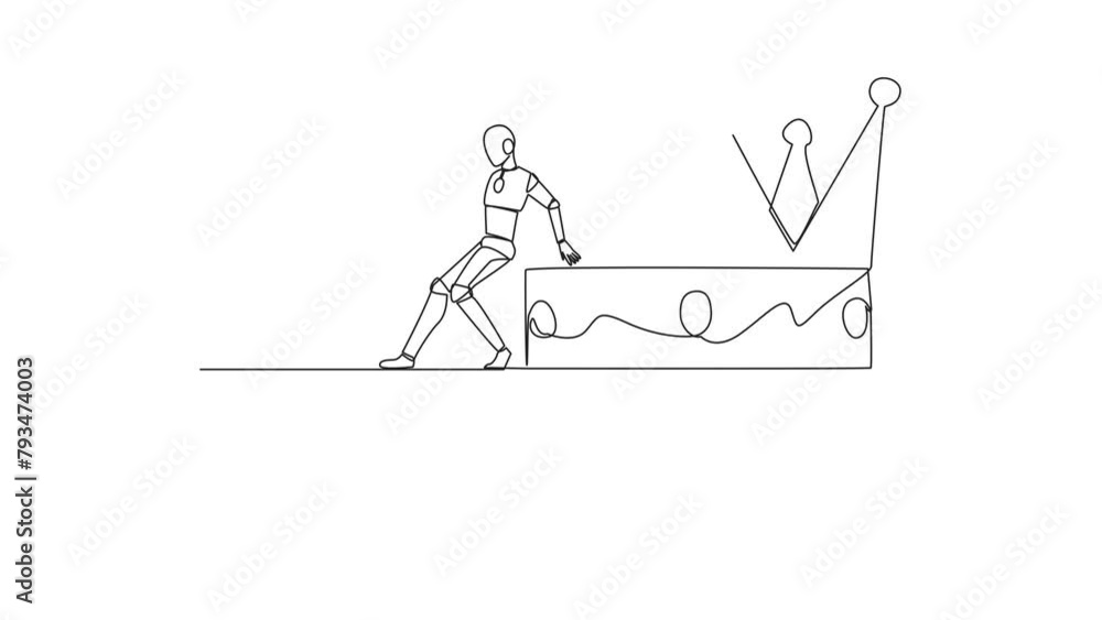Poster animation of a continuous one line drawing robot pushes a large crown down on its back from the edge