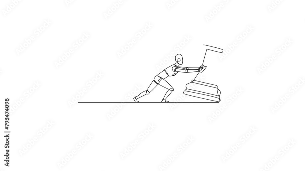 Poster animated self drawing of a single continuous line drawing robot pushes down a large chess piece of t