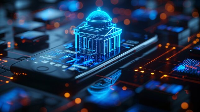 A futuristic illustration of a bank on a smartphone.