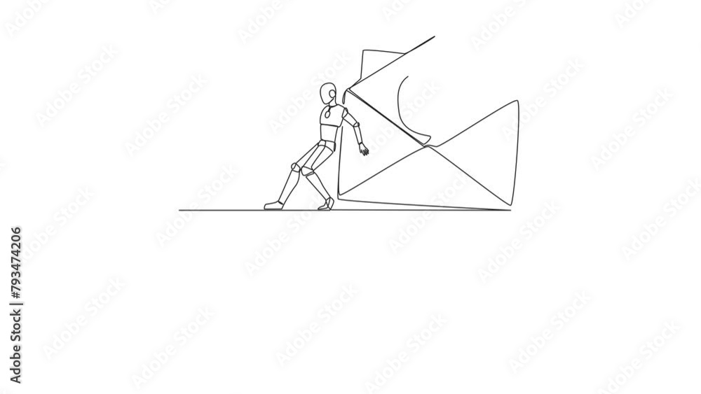 Poster animated self drawing of continuous one line drawing robot pushes a large email icon down with its b