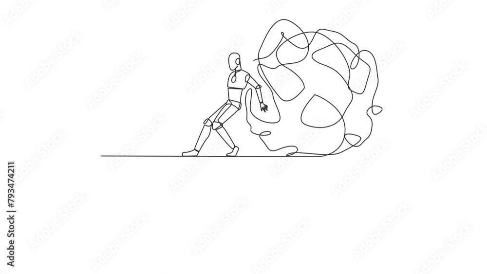 Poster self drawing animation of single continuous line drawing robot pushes a tangled circle giant down fr