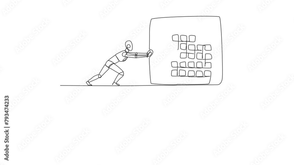 Poster animation of continuous one line drawing robot pushes a giant desk calendar down from the edge of cl