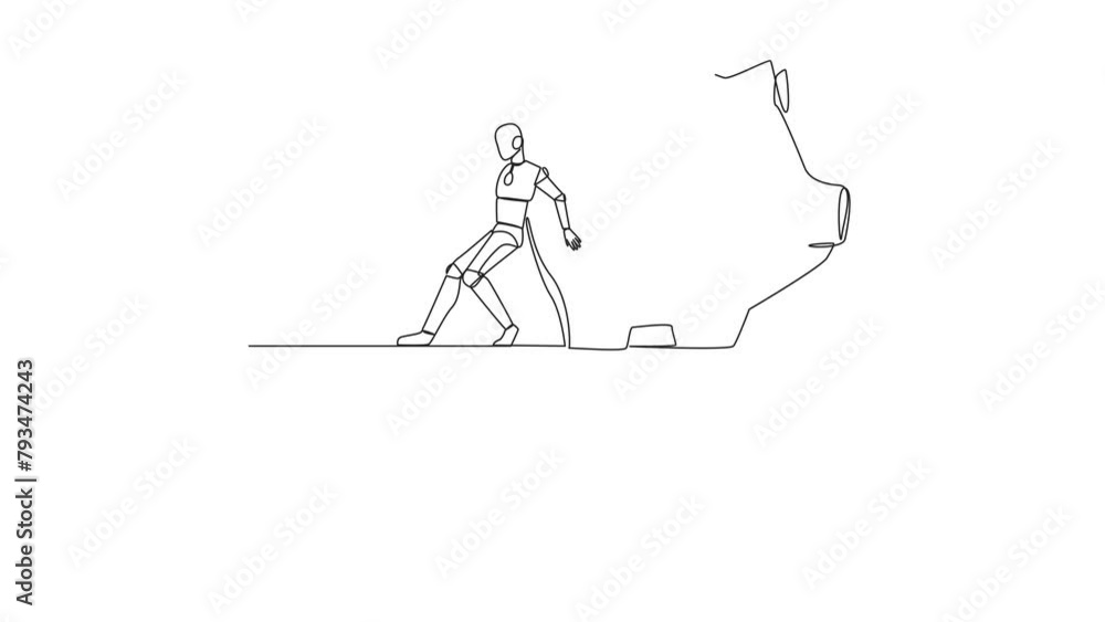 Aufkleber animated self drawing of single one line drawing robot pushes a giant piggy bank down from the edge 