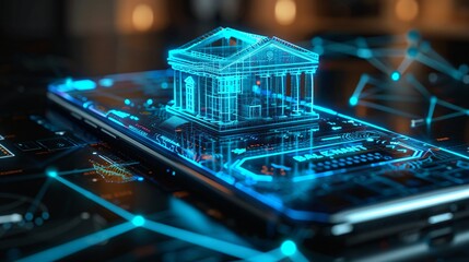 A glowing blue bank building on a smartphone.