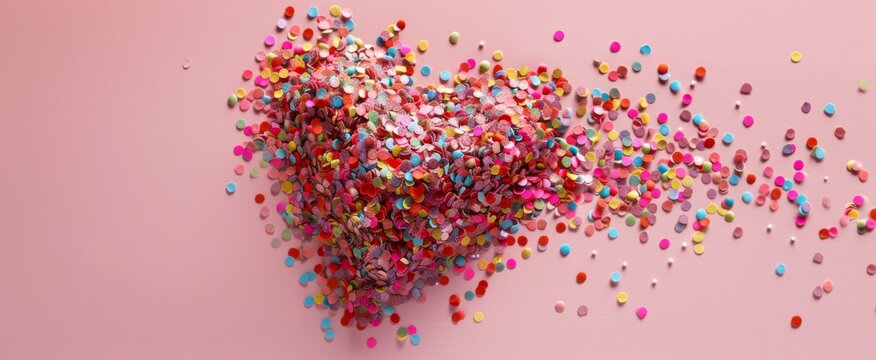 heart-shaped candy explosion on a pastel pink background