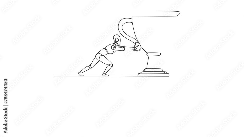 Poster self drawing animation of single one line drawing robot pushes the giant trophy from the edge of the