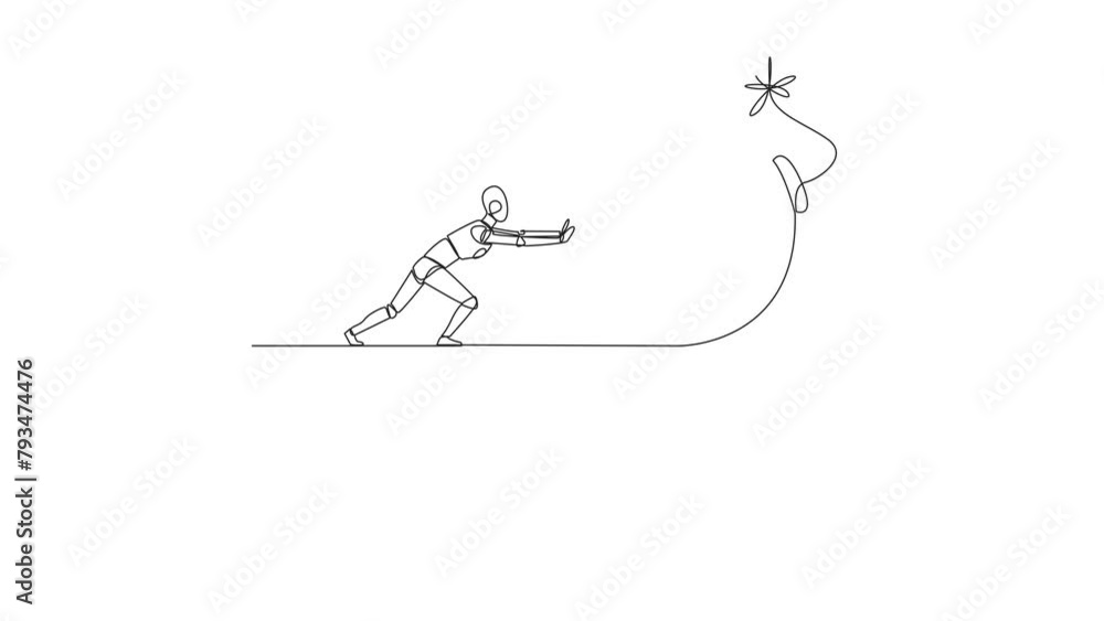 Poster animation of continuous one line drawing robot pushes large bomb with a burning fuse down from the e