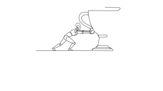 Self drawing animation of single one line drawing robot pushes the giant trophy from the edge of the cliff. Wasting chance to become a champion. Robotic artificial intelligence. Full length animated