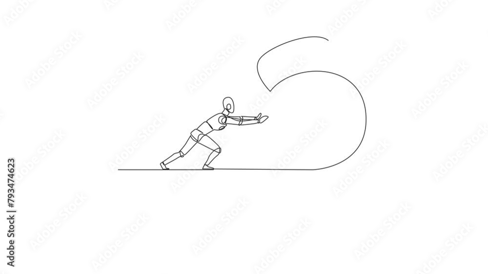 Poster animated self drawing of single one line drawing robot pushes the large kettlebell down from the edg