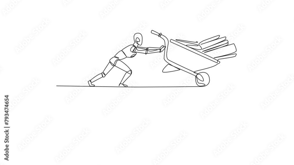 Aufkleber self drawing animation of single continuous line drawing robot pushes a wheelbarrow filled with pile